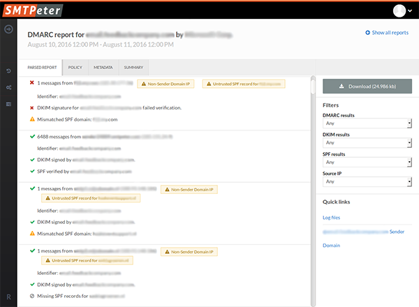 screenshot of a parsed DMARC report